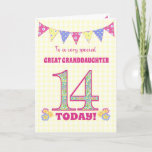 Great Granddaughter 14th Birthday Primroses Card<br><div class="desc">A pretty 14th Birthday card for your great granddaughter, with polka dot bunting, primrose flowers and numbers filled with a primrose pattern, all on a pale yellow check gingham background. The front cover message is, 'To a very special GREAT GRANDDAUGHTER 14 TODAY!' The inside message is just a suggestion and...</div>