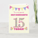 Great Granddaughter 15th Birthday Primroses Card<br><div class="desc">A pretty 15th Birthday card for your great granddaughter, with polka dot bunting, primrose flowers and numbers filled with a primrose pattern, all on a pale yellow check gingham background. The front cover message is, 'To a very special GREAT GRANDDAUGHTER 15 TODAY!' The inside message is just a suggestion and...</div>