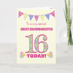 Great Granddaughter 16th Birthday Primroses Card<br><div class="desc">A pretty 16th Birthday card for your great granddaughter, with polka dot bunting, primrose flowers and numbers filled with a primrose pattern, all on a pale yellow check gingham background. The front cover message is, 'To a very special GREAT GRANDDAUGHTER 16 TODAY!' The inside message is just a suggestion and...</div>