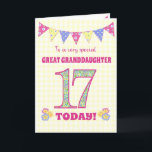 Great Granddaughter 17th Birthday Primroses Card<br><div class="desc">A pretty 17th Birthday card for your great-granddaughter, with polka dot bunting, primrose flowers and numbers filled with a primrose pattern, all on a pale yellow check gingham background. The front cover message is, 'To a very special GREAT GRANDDAUGHTER 17 TODAY!' The inside message is just a suggestion and you...</div>