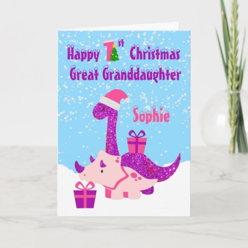 Great Granddaughter 1st Christmas Dinosaur Purple Card