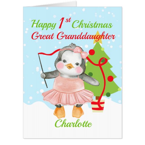 Great Granddaughter 1st Christmas Penguin Jumbo Card