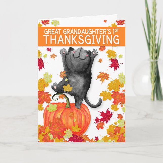 Great Granddaughter 1st Thanksgiving Dancing Cat Holiday Card (Front)