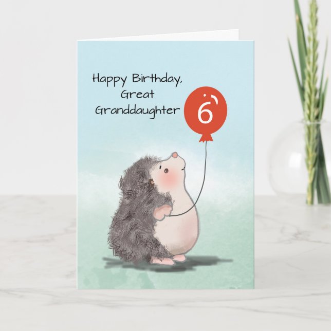 Great Granddaughter 6th Birthday Cute Hedgehog Card (Front)