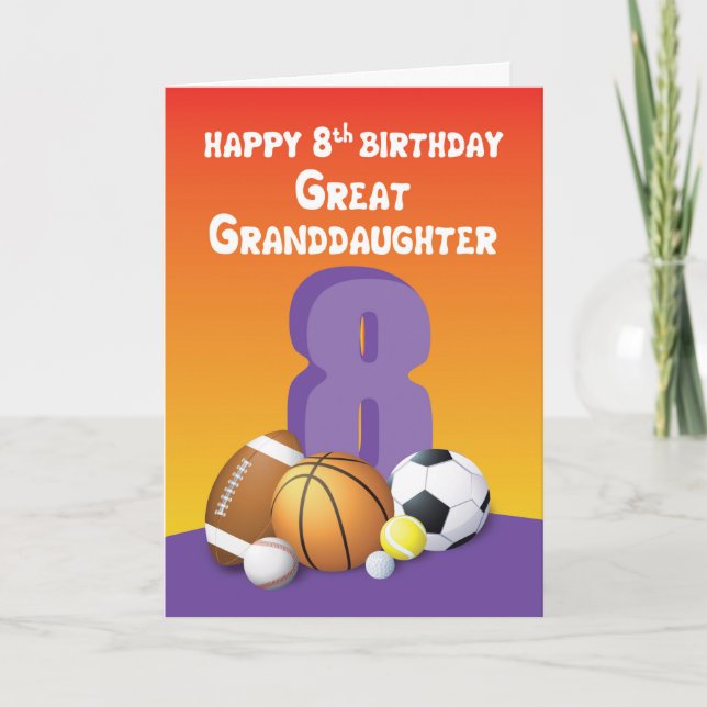 Great Granddaughter 8th Birthday Sports Balls Card (Front)