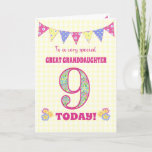 Great Granddaughter 9th Birthday Primroses Card<br><div class="desc">A pretty 9th Birthday card for your great granddaughter, with polka dot bunting, primrose flowers and numbers filled with a primrose pattern, all on a pale yellow check gingham background. The front cover message is, 'To a very special GREAT GRANDDAUGHTER 9 TODAY!' The inside message is just a suggestion and...</div>