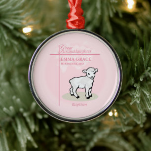 Great Granddaughter Baptism Pink Girl Lamb  Metal Ornament