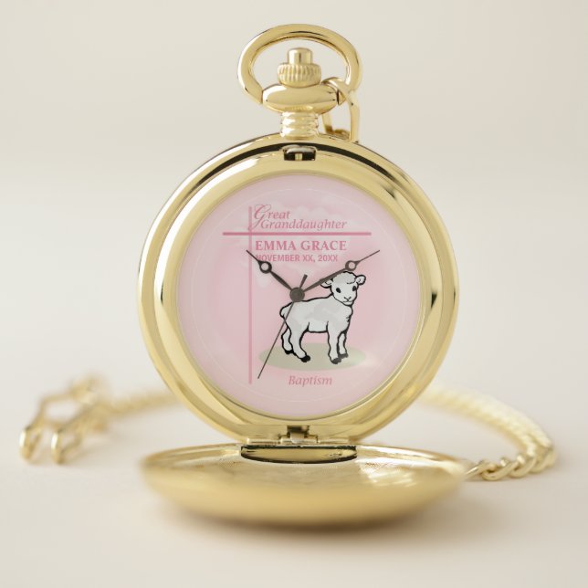 Great Granddaughter Baptism Pink Girl Lamb Pocket Watch (Inside)