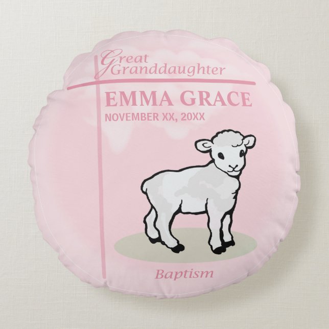 Great Granddaughter Baptism Pink Girl Lamb Round Pillow (Front)