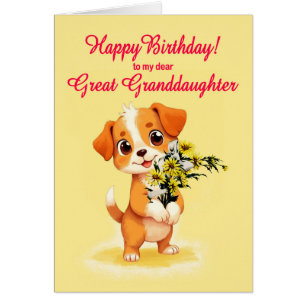 Great Granddaughter Birthday Puppy and Flowers  Cards