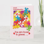 Great Granddaughter Birthday Puzzle Love to Pieces Card<br><div class="desc">The cover of this card will greet your great granddaughter with strikingly bright colors and before she knows it, she’ll be seeing puzzle pieces and beautiful red hearts. As she looks on the inside, she will be greeted by a fun birthday message for her. Her face will surely light up...</div>