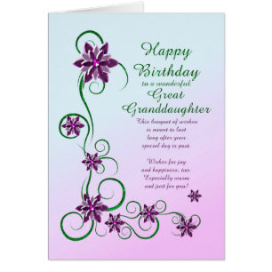 Great Granddaughter Birthday Scrolls and Flowers  Cards