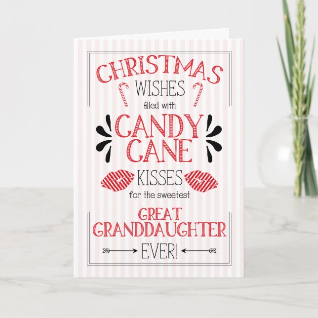 Great Granddaughter Candy Cane Kisses Christmas Holiday Card (Front)