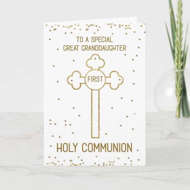 Great Granddaughter First Holy Communion Gold Look Card (Front)