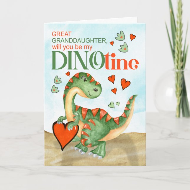Great Granddaughter Funny T-Rex Dinosaur DINOtine Holiday Card (Front)