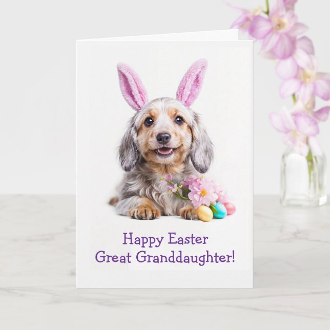 Great Granddaughter Happy Easter with Cute Puppy Card (Orchid)