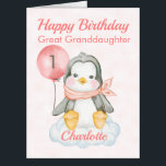 Great Granddaughter Penguin 1st Birthday Oversized Card<br><div class="desc">A cute oversized , big, huge, large, jumbo, 1st birthday Great Granddaughter Card . The card features a baby girl penguin sitting on a cloud holding a balloon with the number 1. A sweet design for your granddaughter, great godchild or great niece who will be one year old. All text...</div>