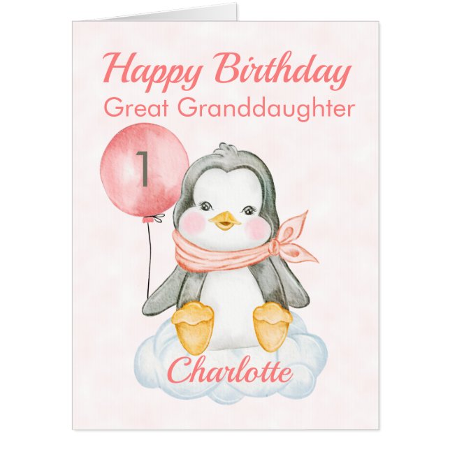 Great Granddaughter Penguin 1st Birthday Oversized Card (Front)