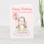 Great Granddaughter Penguin Happy 1st Birthday Card<br><div class="desc">A cute 1st birthday Great Granddaughter baby penguin birthday card. The card features a baby girl penguin sitting on a cloud holding a balloon. A sweet design for a little girl who will be one year old. Add the child, s name to the front of the card to customize it...</div>
