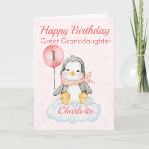 Great Granddaughter Penguin Happy 1st Birthday Card