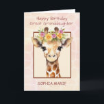 Great Granddaughter Personalize Birthday Safari Card<br><div class="desc">A one-of-a-kind card for a one-of-a-kind great-granddaughter. This charming birthday design features a baby giraffe adorned with soft pink and yellow florals, set against a dreamy watercolor background with a delicate giraffe pattern. The front reads Happy Birthday Sweet Great-Granddaughter and allows you to personalize it with her name, making the...</div>