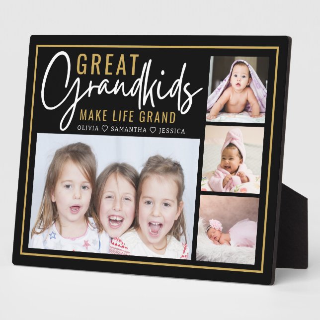 Great Grandkids Make Life Grand 4 Photo Black    Plaque (Side)