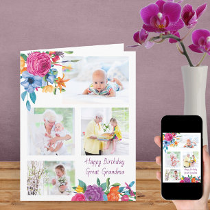 Great Grandma 4 Photo Colorful Flowers Birthday Card