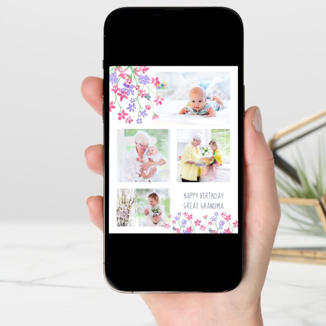 Great Grandma 4 Photo Ditsy Pink Flowers Birthday Card (Front Digital)