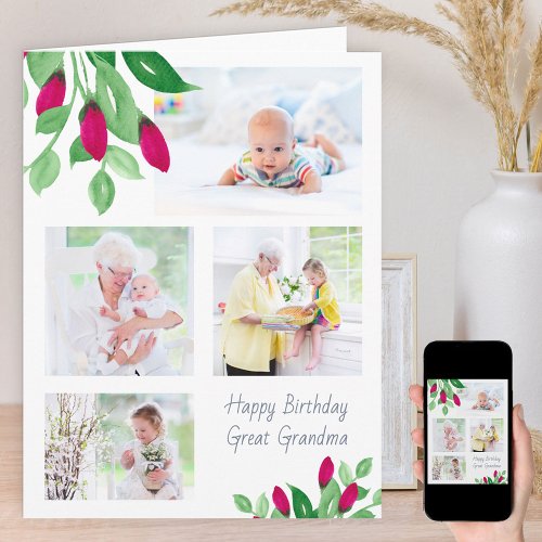 Great Grandma 4 Photo Ditsy Pink Rosebud Birthday Card