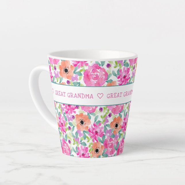 Great Grandma All Over Floral Pink Orange Green Latte Mug (Left Angle)