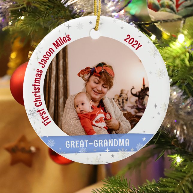 Great Grandma Baby Personalized First Xmas Photo  Ceramic Ornament (Modern Elegant Cute First Christmas Baby Love you Great-Grandma 1 Photo Snowflakes Stars Bow Holly)