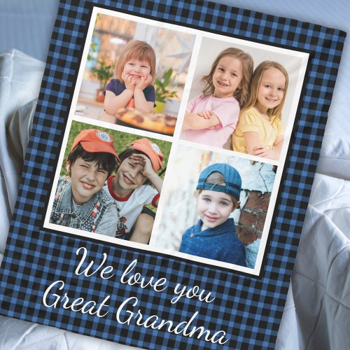 Great Grandma Blue Buffalo Plaid 4 Photo Collage  Fleece Blanket
