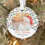 Great Grandma Christmas Lights Photo Ornament<br><div class="desc">Custom photo Christmas ornament with colorful Christmas lights and editable wording. The photo template is set up for you to add one of your favorite pictures pictures, which will be framed with string light bulbs in red blue green and yellow. The wording currently reads Merry Christmas Great Grandma 20xx and...</div>