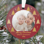 Great Grandma Christmas Photo Red and Gold Ornament<br><div class="desc">Custom photo Christmas ornament in red with gold Christmas trees and editable wording. The photo template is set up for you to add one of your favorite pictures pictures, which will be framed with gold trees and stars. The wording currently reads Merry Christmas Great Grandma 20xx and you can edit...</div>