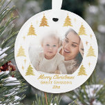 Great Grandma Christmas Photo White and Gold Ornament<br><div class="desc">Custom photo Christmas ornament in white with gold Christmas trees and editable wording. The photo template is set up for you to add one of your favorite pictures pictures, which will be framed with gold trees and stars. The wording currently reads Merry Christmas Great Grandma 20xx and you can edit...</div>