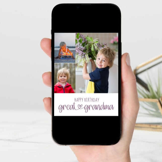 Great Grandma Cute Typography 3 Photo Birthday Card (Front Digital)