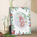 Great Grandma First Christmas Baby Photo Plaque<br><div class="desc">Beautiful photo plaque with watercolor christmas flowers and winter greenery with pine cones holly mistletoe and berries The photo template is set up for you to add your picture (square instagram will work perfectly), which will be automatically be displayed in round format. The wording is lettered in casual handwritten script...</div>