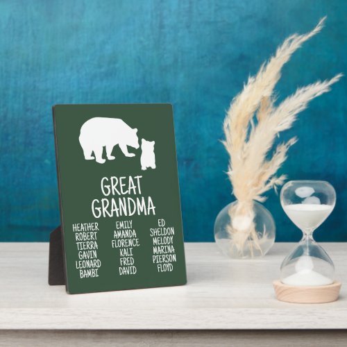 Great Grandma Gift With Grandkid Names Rustic Bear Plaque