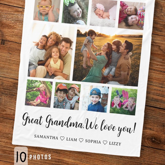 Great Grandma Grandkids 10 Photo Collage White   Fleece Blanket (Creator Uploaded)
