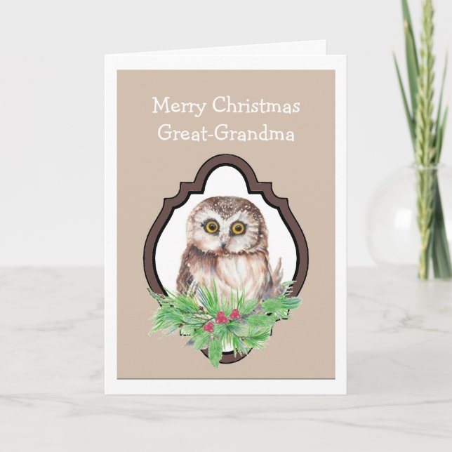 Great Grandma Merry Christmas Owl, Bird Humor Holiday Card (Front)