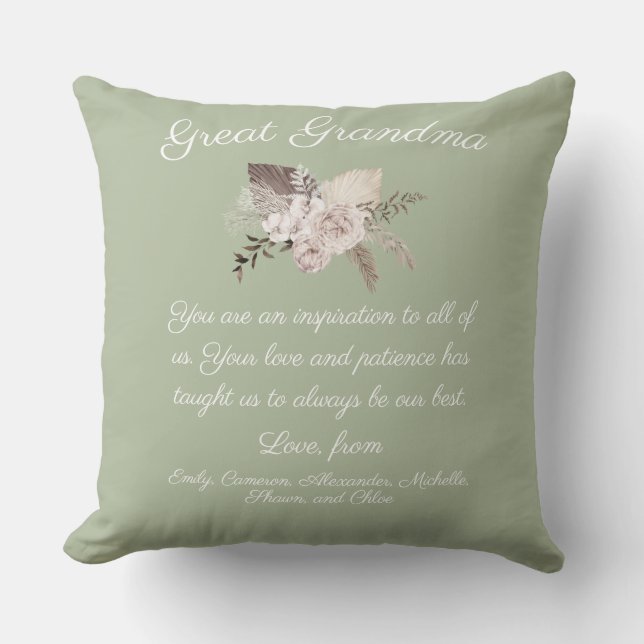 Great Grandma Message From Kids Boho Bouquet Throw Pillow (Front)