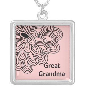 Great Grandma Necklace Trendy Black Flower on Pink