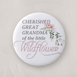 Great Grandma of a Little Wildflower Baby Shower Button<br><div class="desc">Celebrate the upcoming arrival of your little one with our "Pink Wildflower Baby Girl Shower Button Pin, " a perfect addition to any baby shower with its charming wildflower and pink theme. This beautifully designed button pin features the word 'Wildflower' in elegant, classic calligraphy, adorned with a delicate watercolor pink...</div>