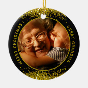 Great Grandma Photo Black Gold Merry Christmas  Ceramic Ornament