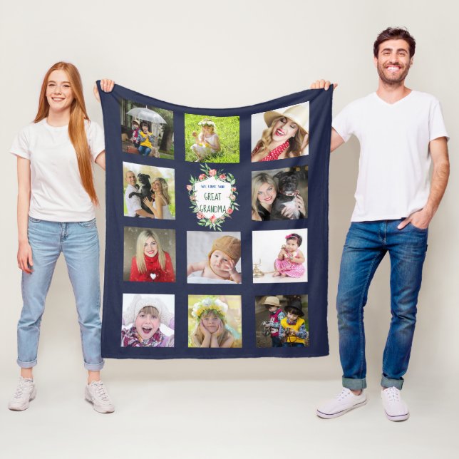 GREAT GRANDMA Photo Collage Blanket Navy Blue (In Situ)