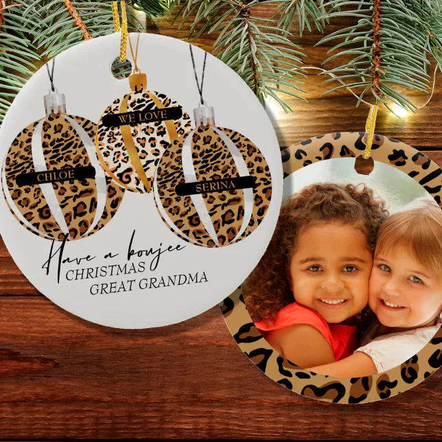 Great Grandma Photo Leopard Print Boujee Christmas Ceramic Ornament