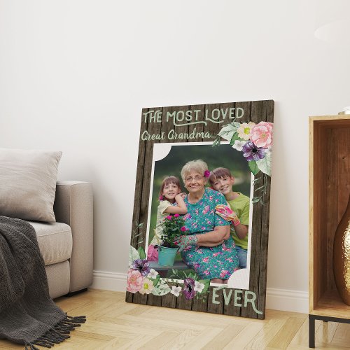 Great Grandma Photo _ Rustic Wood and Floral Canvas Print