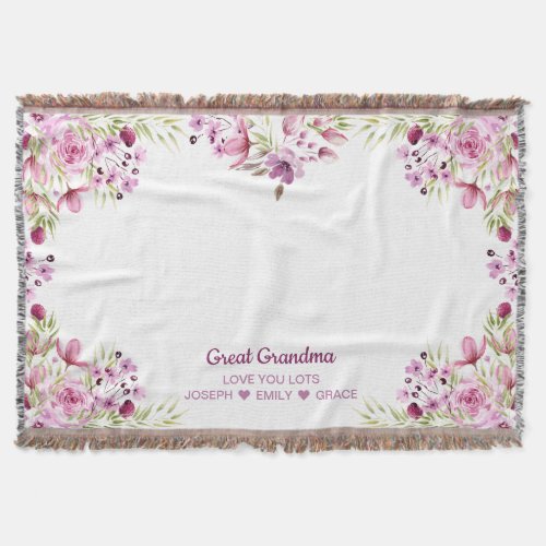 Great Grandma Pink and Purple Flower Border Throw Blanket