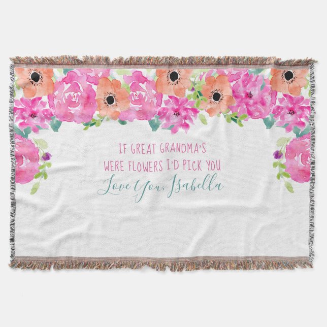Great Grandma Poem Pink and Orange Floral Throw Blanket (Front)