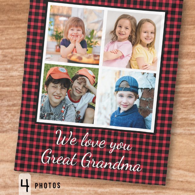 Great Grandma Red Buffalo Plaid 4 Photo Collage  Fleece Blanket (Creator Uploaded)